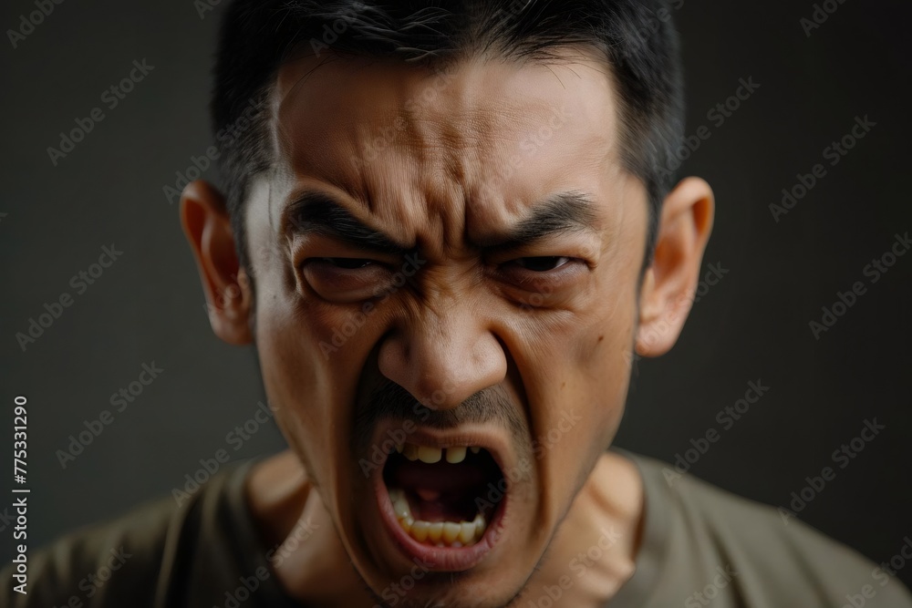 Expression of furious,enraged asian man with grumpy grimace on his face,with mouth opened in shout, ready to argue and swear, wants to gain respect, Angry asian man yelling on grey dirty background Expression of furious,enraged asian man with grumpy grimace on his face,with mouth opened in shout, ready to argue and swear, wants to gain respect, Angry asian man yelling on grey dirty background