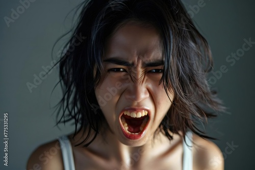 Screaming, hate, rage. Crying emotional angry asian woman screaming and yelling on gray studio background. Emotional, young face. Female close up portrait. Human emotions, facial expression concept.