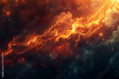 A space scene with a long, orange streak of fire. AI.