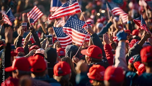 Crowds gather in a sea of red hats while waving American flags white watching a right wing candidate speak at a republican campaign rally photo