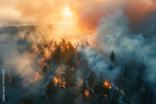 fire burning forest view from above