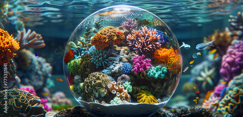 A surreal underwater seascape with colorful coral reefs and exotic marine life, encapsulated within a 3D glass globe.