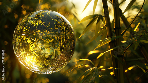 A tranquil bamboo forest bathed in golden sunlight, with gentle breezes rustling through the leaves, encapsulated within a serene 3D glass globe. photo