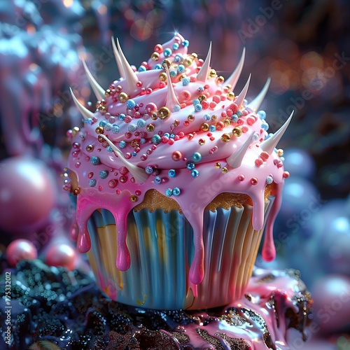 A villainous cupcake with icing spikes, plotting sweetness overload in its sugary lair 