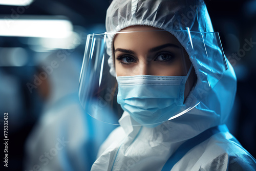 Close-up portrait of a dedicated female laboratory worker wearing a white protective suit, a protective mask and a blue mask on a blurred background of the work area photo