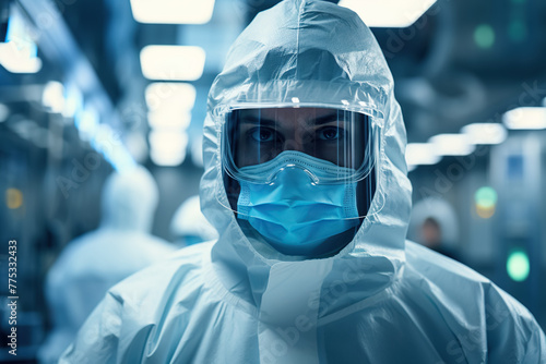 Close-up portrait of a brave laboratory worker in a white protective suit, shield and a blue mask on a blurred background of the work area photo