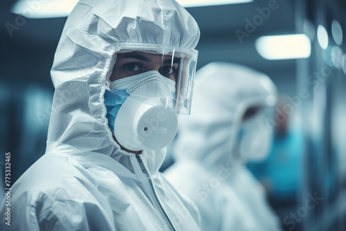 Closeup portrait of a dedicated laboratory worker wearing a white protective suit, a protective shield and a blue mask on a blurred background of the work area photo
