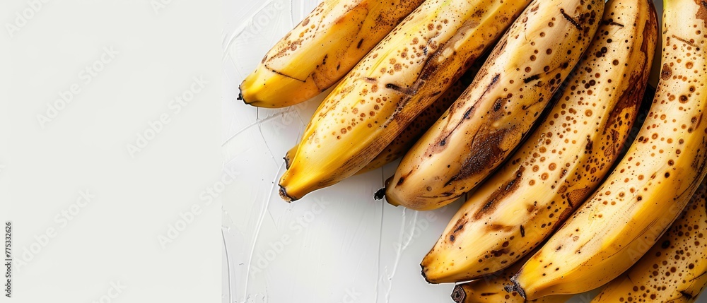   A group of ripe bananas positioned on a white kitchen surface beside a collection of green bananas - obrazy, fototapety, plakaty 