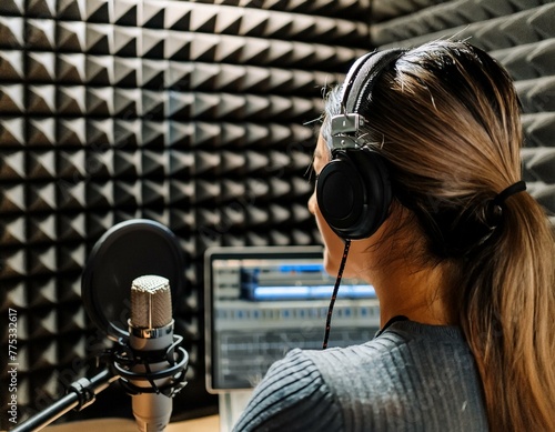 Crafting Clarity: Woman Prepares for Voice Recording in Soundproof Environment
