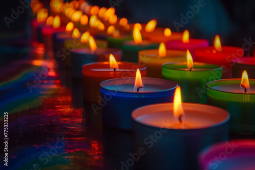 Row of rainbow-colored candles lit in dark setting