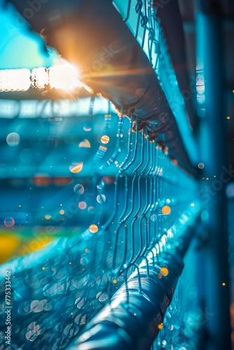 The sun's rays peering through a blue chain-link fence at a sports stadium, creating a bokeh effect with sparkling light dots.