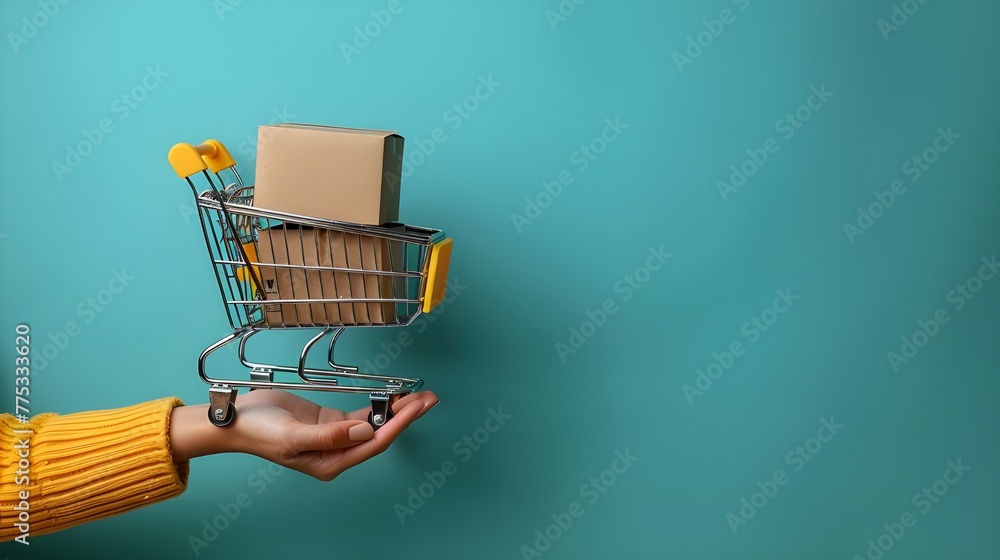 Cart with boxes, Toy shopping cart with boxes in female hand over blue background. Copy space for text or design. Ssale, discount, shopaholism concept. Consumer society trend ai generated 