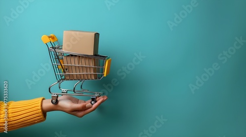 Cart with boxes, Toy shopping cart with boxes in female hand over blue background. Copy space for text or design. Ssale, discount, shopaholism concept. Consumer society trend ai generated  photo