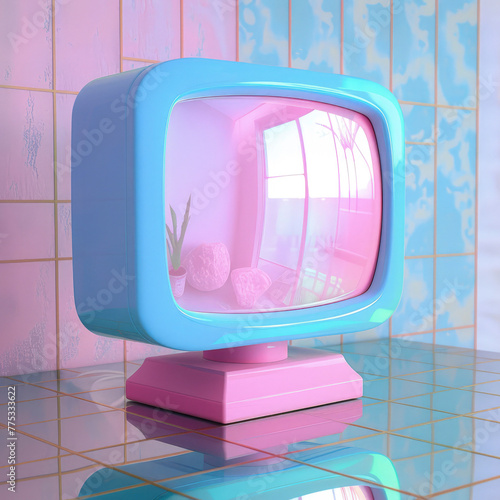 Retro television flight on pastel pink background, in style of golden age aesthetics, muted tones, surrealism.
