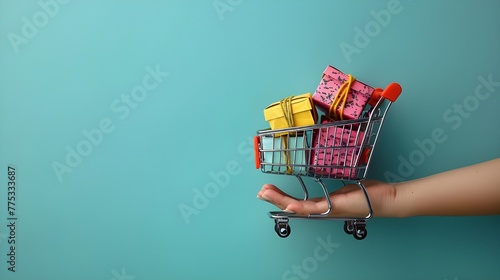 Cart with boxes, Toy shopping cart with boxes in female hand over blue background. Copy space for text or design. Ssale, discount, shopaholism concept. Consumer society trend ai generated  photo