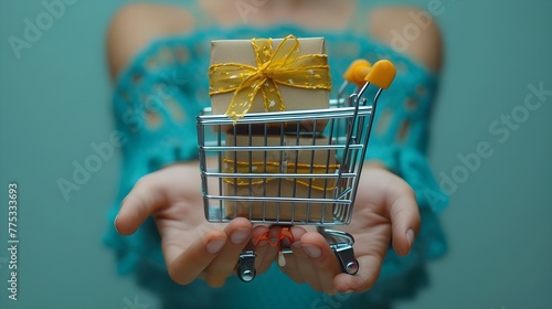 Cart with boxes, Toy shopping cart with boxes in female hand over blue background. Copy space for text or design. Ssale, discount, shopaholism concept. Consumer society trend ai generated  photo