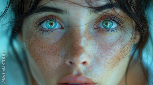 A realistic image of a woman with a look of wonder and awe, her eyes wide and curious Captured in 16k, realistic, full ultra HD, high resolution, and cinematic photography