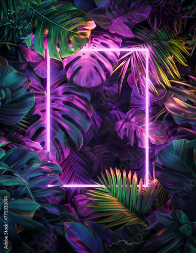 Jungle creative neon light, cyber frame on fresh palm leaves with copy space. Urban, futuristic background concept. Flat lay.