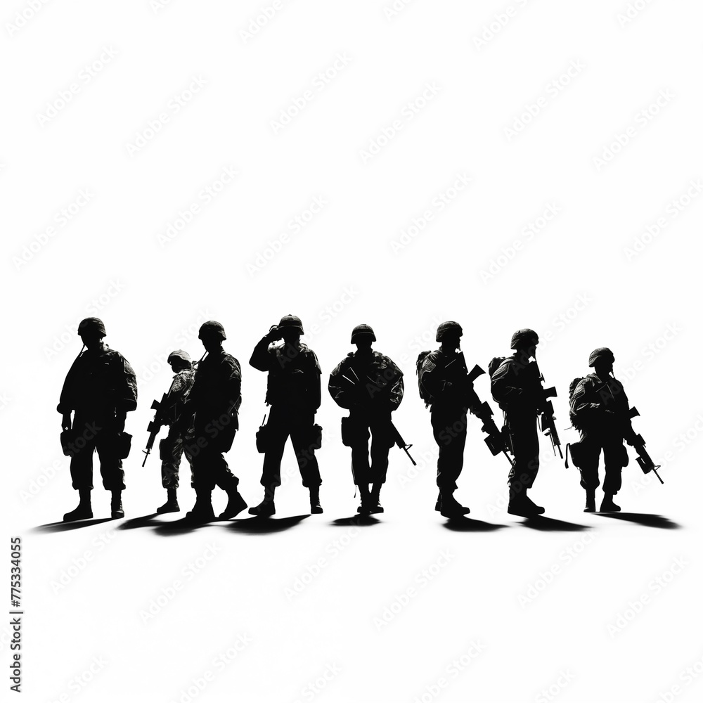 Troop of soldiers silhouette, military men in black and white, warrior in the war.
