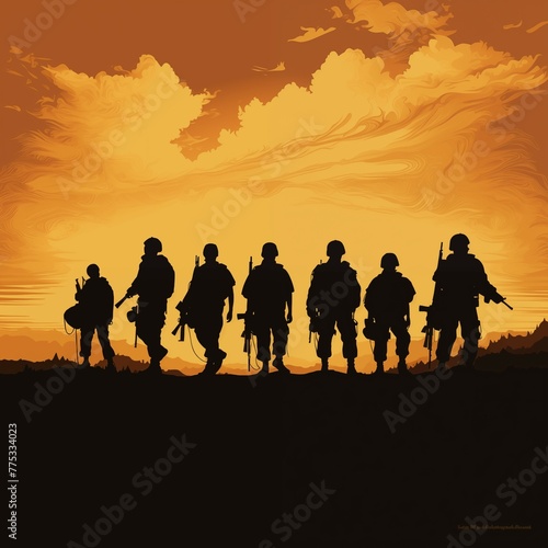 Soldiers silhouettes on sunset sky background 