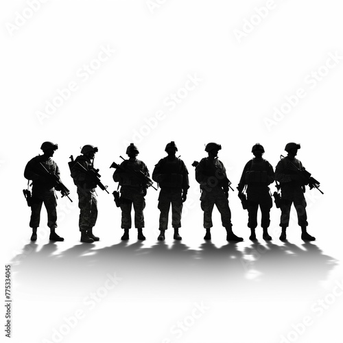 Troop of soldiers silhouette, military men in black and white, warrior in the war. 