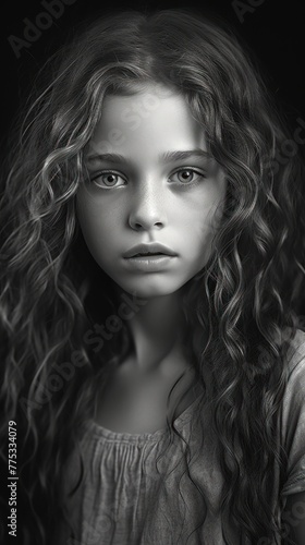 The image is a black and white photo of a young girl with long curly hair. She is looking into the distance with a serious expression.