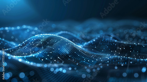 a digital wave of dots representing bit of information in a dark blue background photo