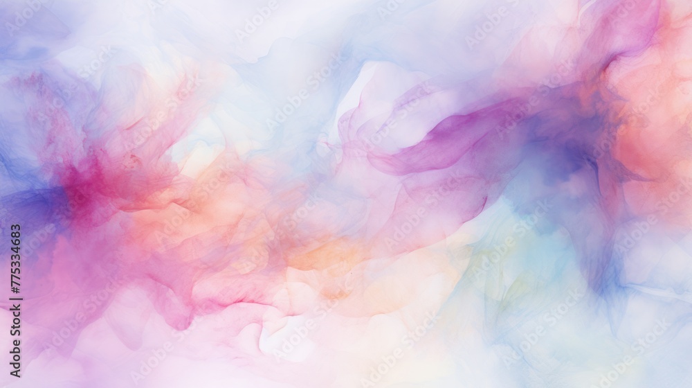 A colorful abstract painting with pastel pink, purple, and blue hues.