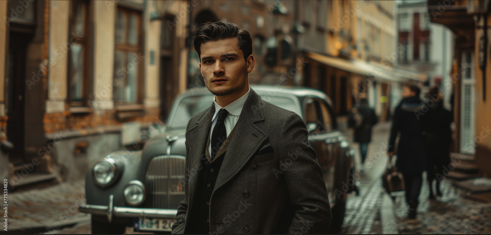 man in a suit against the background of a retro car man in a suit against the background of a retro car