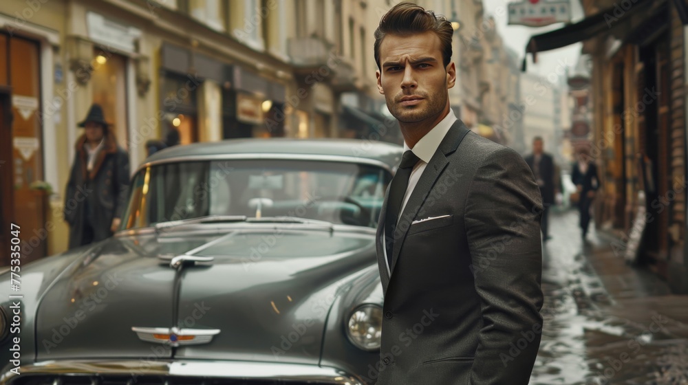 man in a suit against the background of a retro car