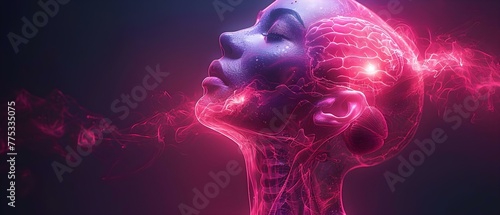 Detailed view of a man's throat anatomy illuminated by neon lighting, perfect for medical tutorials and educational purposes. Concept Throat Anatomy, Neon Lighting, Medical Tutorial photo