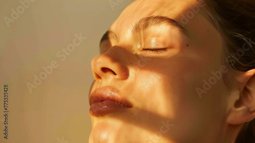 Close-up of serene woman's face basking in warm sunlight with shadows