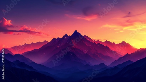 dramatic silhouette of mountain peaks against a colorful sunset sky