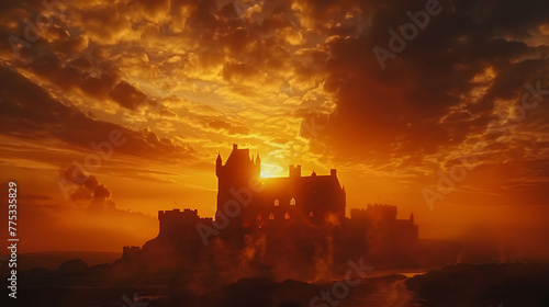 Dramatic sunrise, castle silhouette, swirling clouds