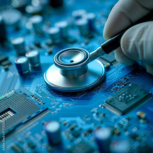 An engineer wearing a smart stethoscope while examining semiconductor chips on a CPU, the device pinpointing issues through sound analysis © weerasak
