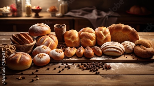 A variety of breads sit on a wooden table, including loaves, buns, and rolls. Some are next to small bowls and bottles.