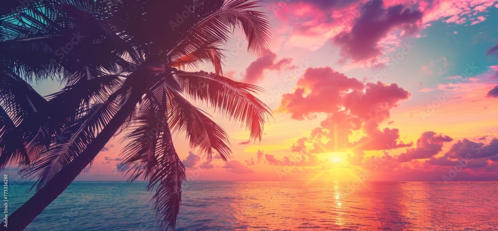 A beautiful sunset over the palm trees on an exotic beach, creating a stunning and colorful background for your design projects Generative AI - obrazy, fototapety, plakaty 