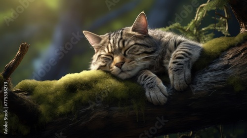 A small kitten is sleeping on a mossy branch.