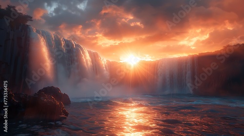 Dramatic sunrise illuminates cascading waterfall
