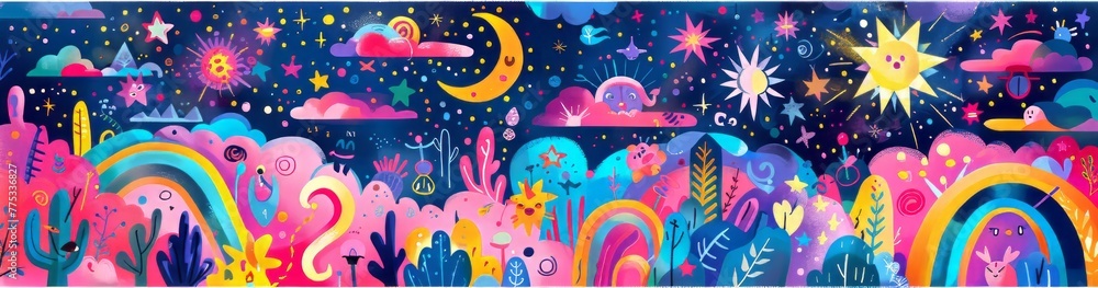 A vibrant and whimsical illustration design includes playful elements like stars, rainbows, and other mystical symbols, creating a sense of magic and wonder. banner 