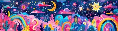 A vibrant and whimsical illustration design includes playful elements like stars, rainbows, and other mystical symbols, creating a sense of magic and wonder. banner  © Olga