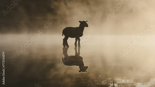 Captured in the soft light of twilight, a lamb stands on a secluded pond, surrounded by a mist that gently blurs the boundaries between water and air.