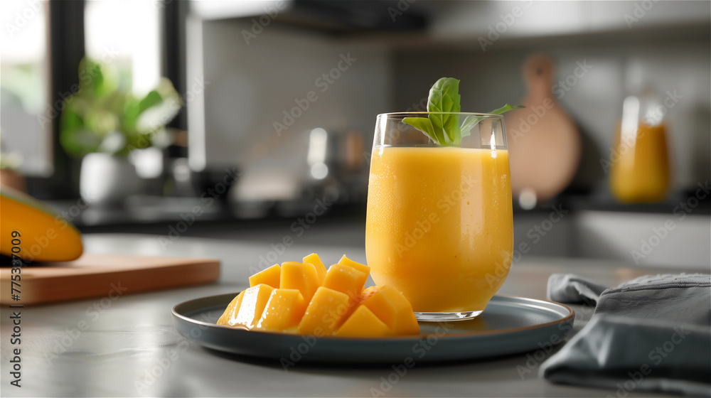 Glass of mango lassi Indian drink flavored with cardamom. Milkshake at plate on the table in kitchen.