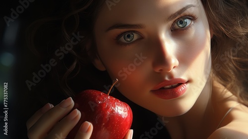 A woman with blue eyes and red lipstick holds an apple in front of her face. The sun's rays fall on the face.