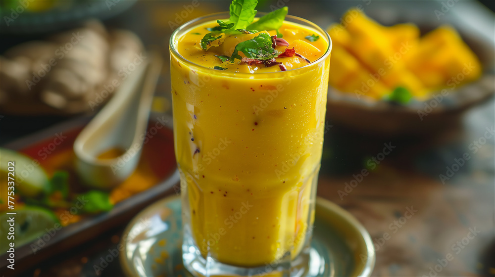 Glass of mango lassi Indian drink flavored with cardamom. Milkshake at plate on the table in kitchen.