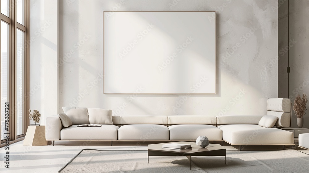 Elegantly minimalist living room featuring a large, blank wall poster mockup centered on a pristine white wall.