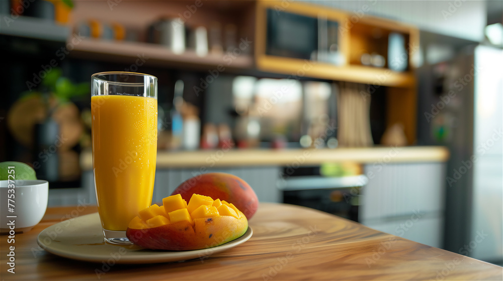Glass of mango lassi Indian drink flavored with cardamom. Milkshake at plate on the table in kitchen.