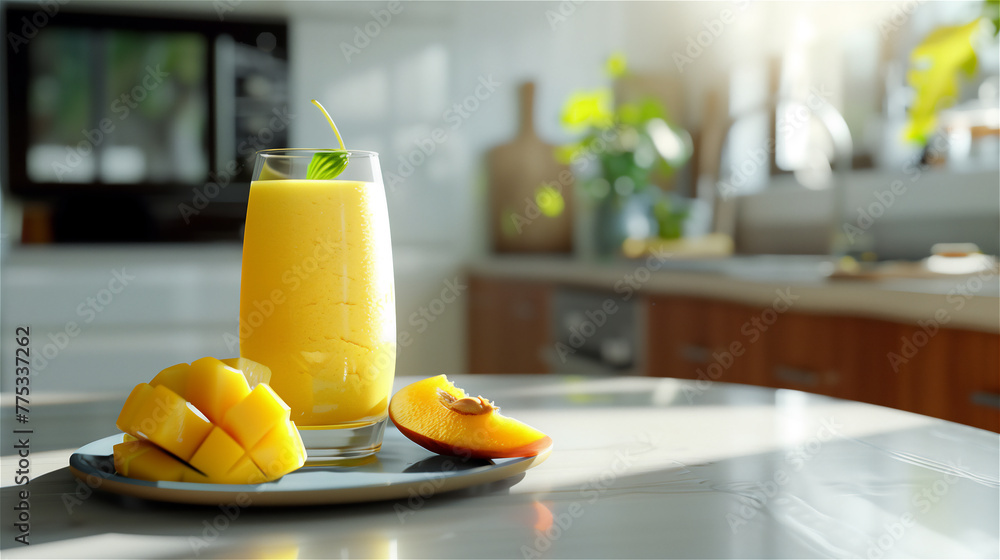 Glass of mango lassi Indian drink flavored with cardamom. Milkshake at plate on the table in kitchen.