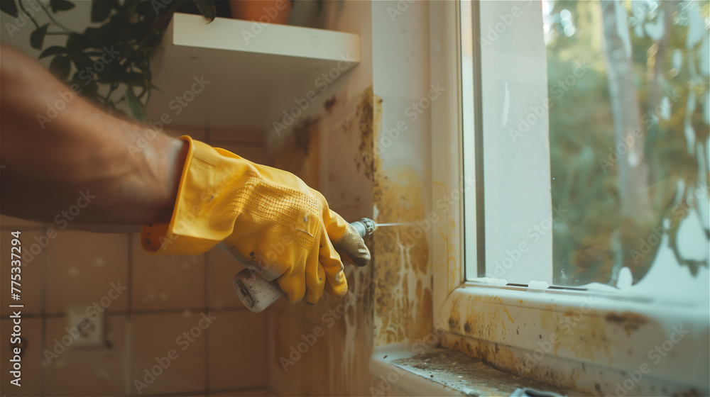 Black mold near the window in kitchen. Mold removal.