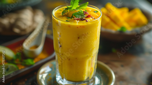 Obraz na płótnie Glass of mango lassi Indian drink flavored with cardamom. Milkshake at plate on the table in kitchen. w salonie